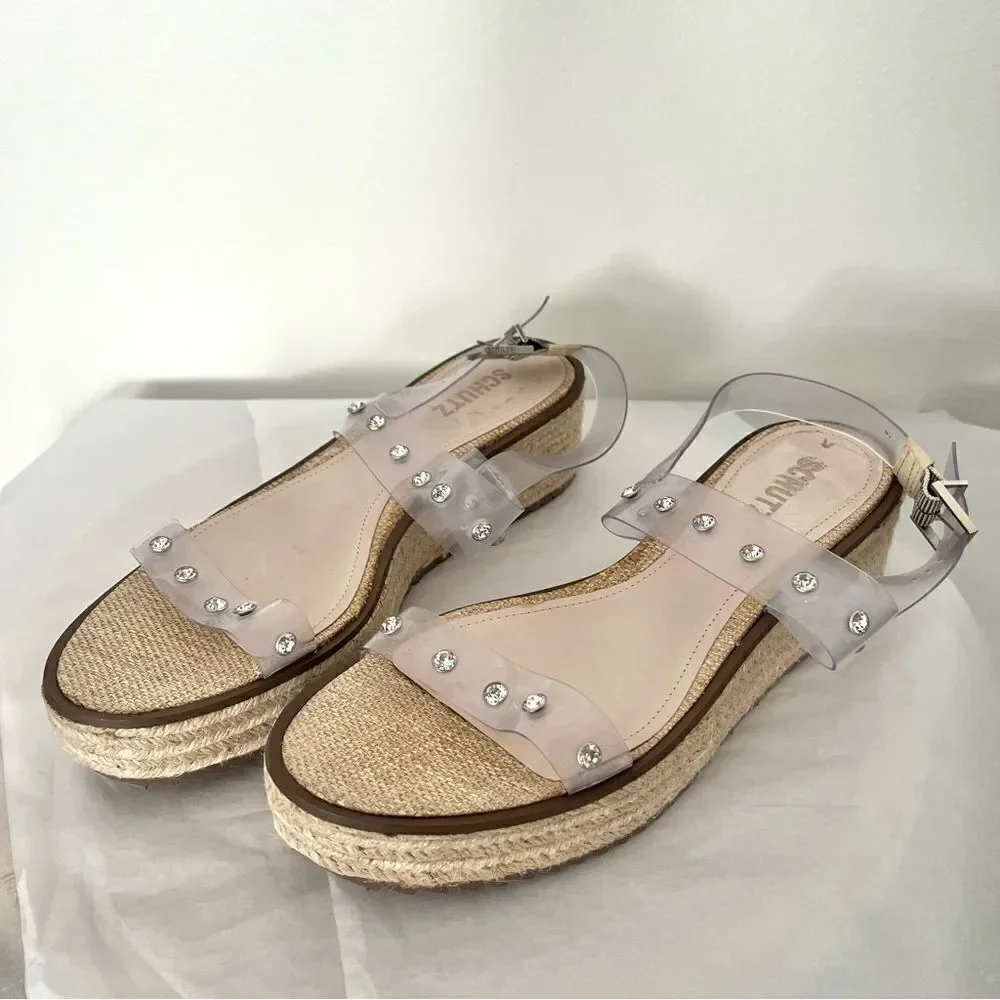 SCHUTZ Cristiane Platform EspadrillesTransparent Rhinestone Straps 9.5 NWOB